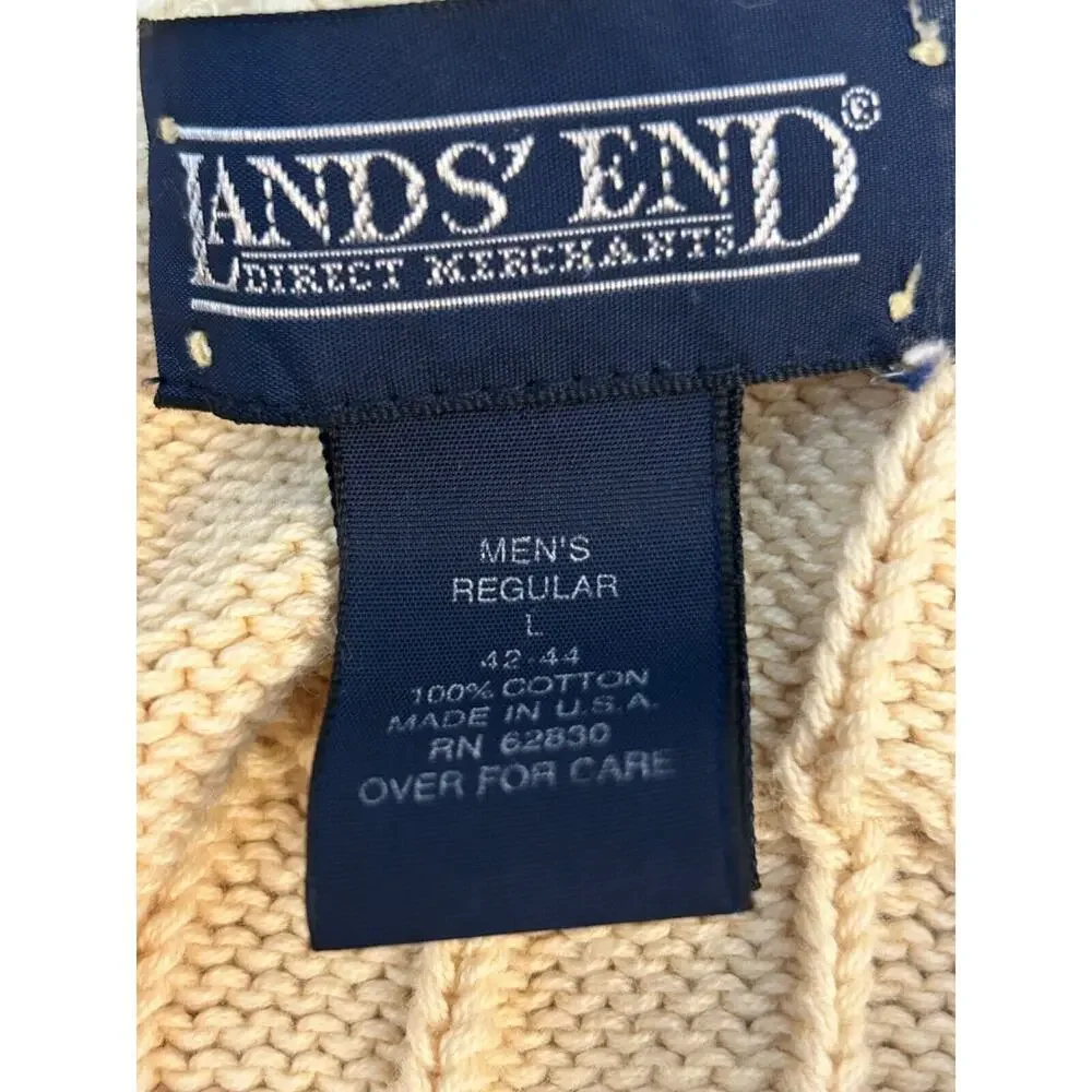 Lands End Men's‎ Sweater Beige Large 42/44 Cable Knit Fisherman Long Sleeve